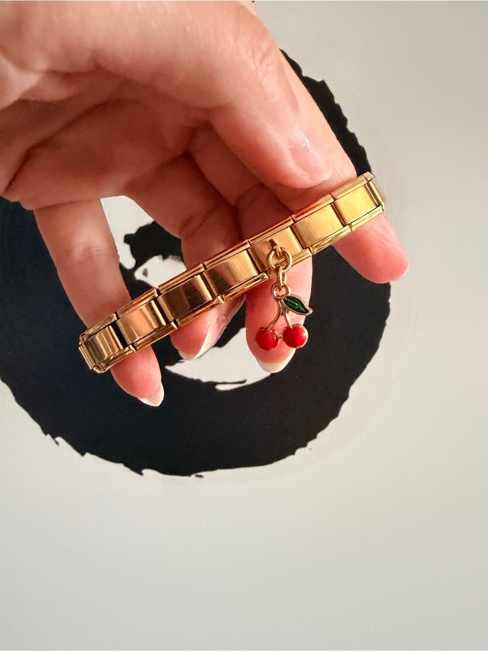 Gold-Tone Italian Charm Bracelet with Cherry Dangle | 18 Links | Stainless Steel